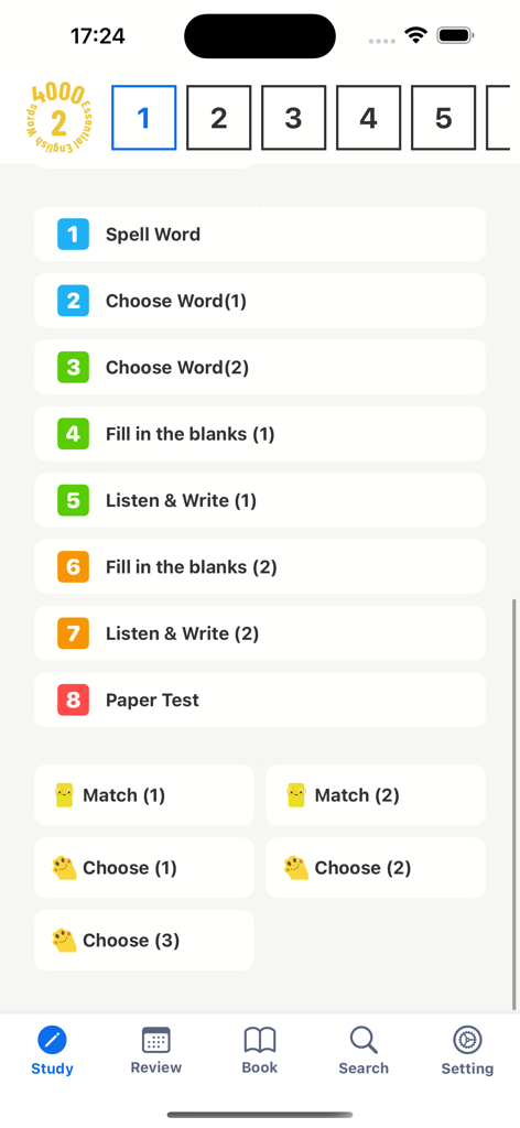 4000 Essential English Words ⑵ - Menú de aprendizaje para palabras de vocabulario en inglés que incluye ejercicios de escucha de ortografía y emparejamiento.