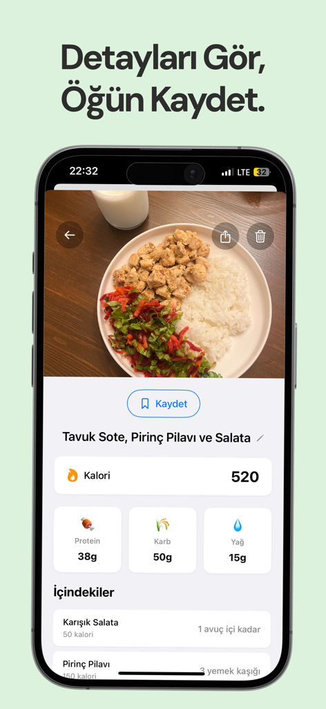 Kilo - AI Calorie Tracking - Interfaz de la aplicación Kilo mostrando el desglose de calorías y macros de una comida analizada a partir de una foto