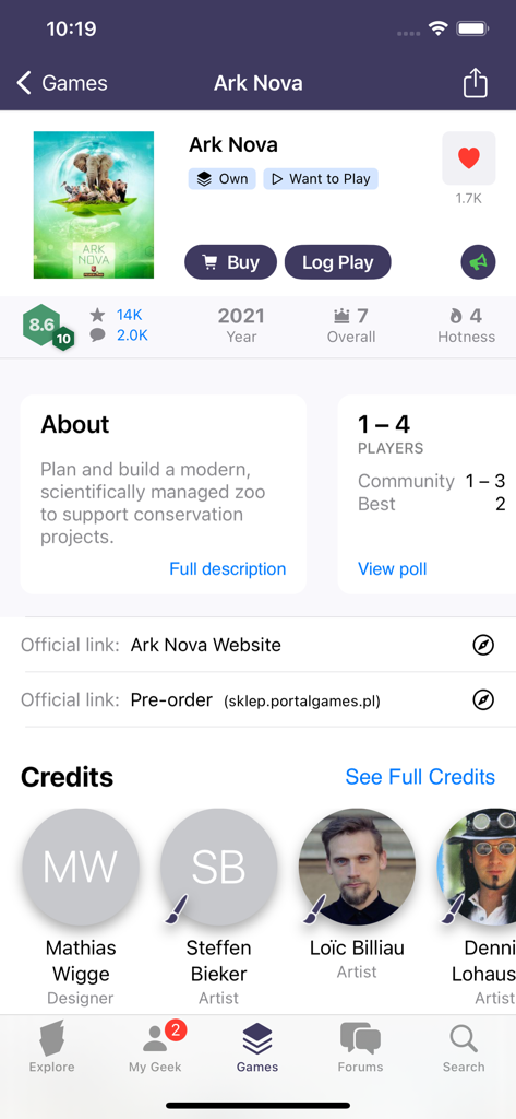 BoardGameGeek - Schermata dell'app mobile che mostra i dettagli del gioco da tavolo Ark Nova inclusi valutazioni e crediti