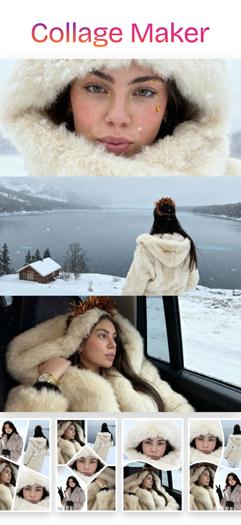 Layout - Photo Collage Maker - Ejemplo de una aplicación creadora de fotomontajes que muestra fotos de temática invernal de una mujer en varias opciones de diseño estético.