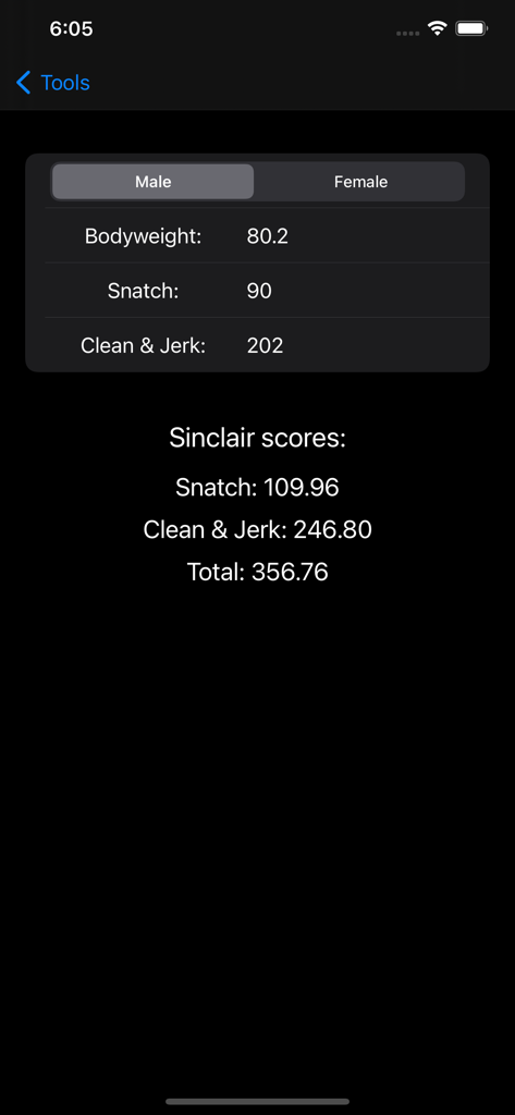 Weightlifting Toolkit - Sinclair calculator interface in the Weightlifting Toolkit app showing bodyweight and olympic lifting scores