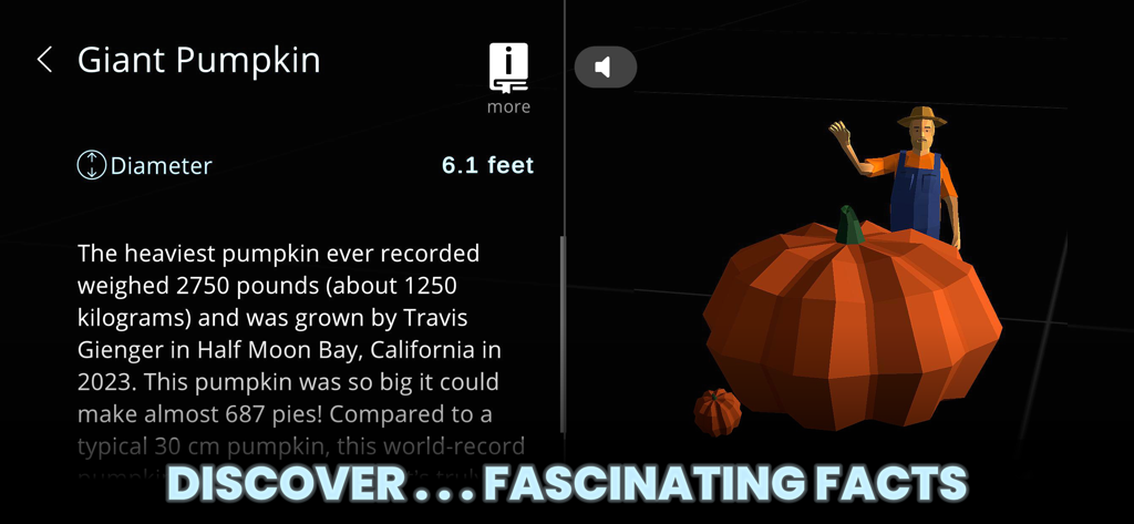 Univerzoom 3D - Explore Scale - A 3D scale comparison showing a giant pumpkin next to a farmer with educational facts