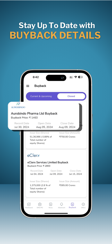 Mobile screen of the IPO Ji app showing information and dates for company stock buybacks