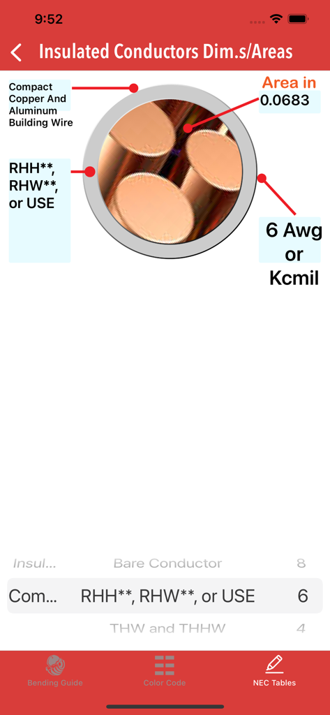 Base Electrician Tools - Interface of Base Electrician Tools app showing insulated conductor dimensions and area calculations for electrical building wires