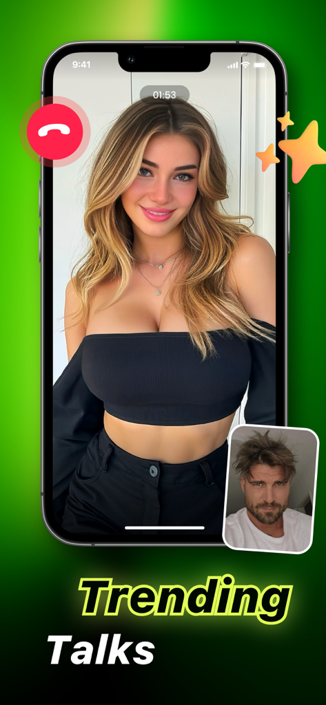 A smartphone screen displaying a live video call between two users on the Nero social app with the heading Trending Talks.