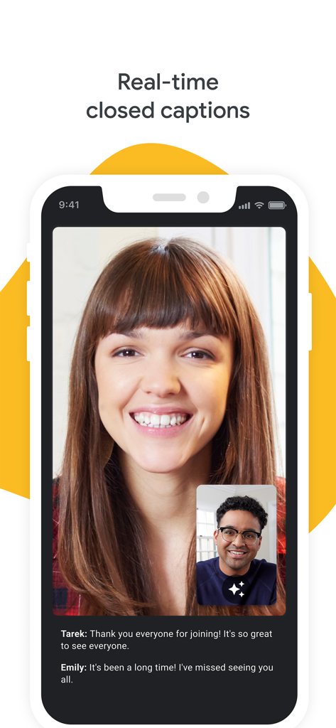 Google Meet video call interface on a smartphone showing real-time closed captions for accessibility.