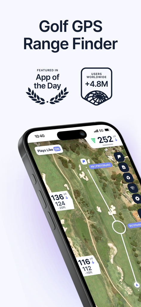 Hole19 app on an iPhone displaying a satellite view of a golf course hole with GPS distances and yardage tracking