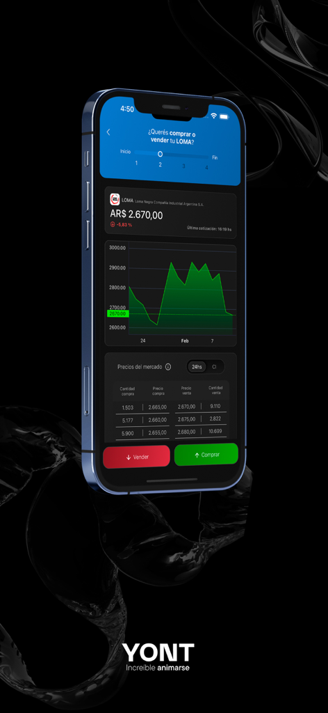 Un smartphone que muestra la interfaz de negociación de acciones de la aplicación YONT con un gráfico de precios y botones de compra y venta