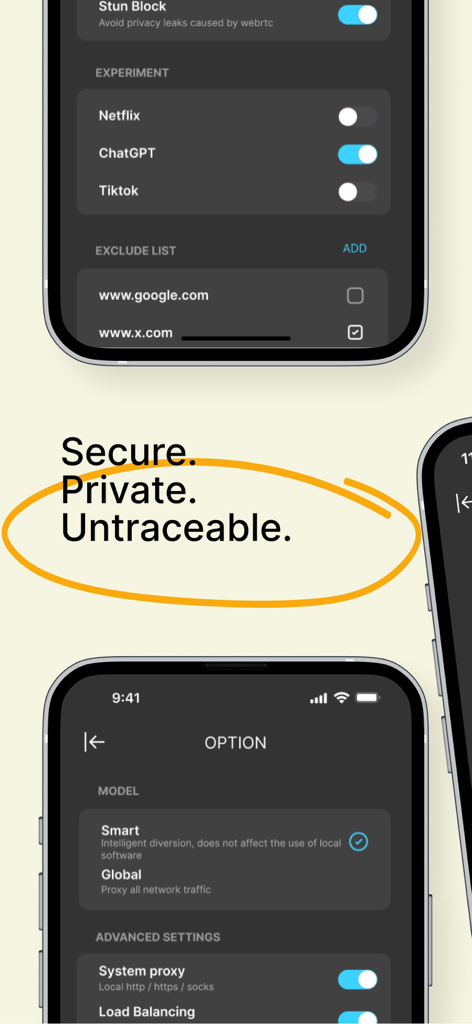 Heysocks VPN - Fast and stable - Interfaz de la aplicación Heysocks VPN mostrando configuraciones de privacidad avanzadas y opciones de conexión con el texto Seguro Privado e Intrazable.