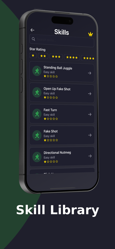 FC26 Pro Tactics and Skills - Aplicación Tácticas y Habilidades Pro de FC26 mostrando la pantalla de la biblioteca de habilidades con varios movimientos de fútbol.