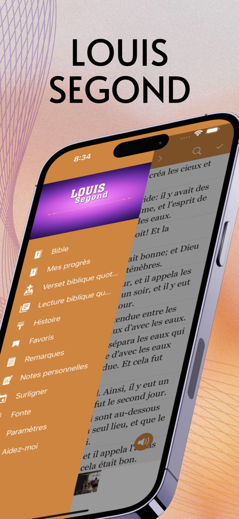 Oberfläche der Louis Segond Französisch-Bibel-App, die das Navigationsmenü mit Optionen für tägliche Verse und persönliche Notizen zeigt.