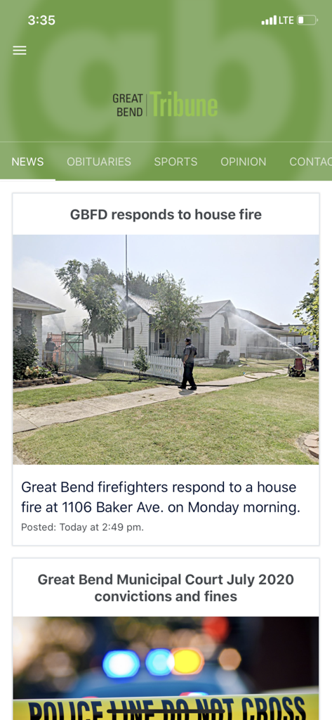 Great Bend Tribune - Great Bend Tribune mobile app news feed featuring local news articles about a fire and court convictions
