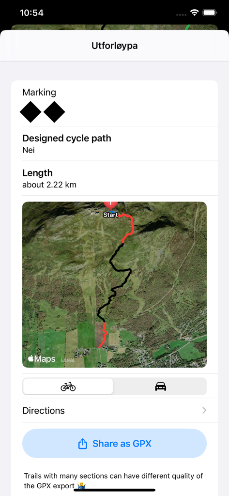 Pantalla de la aplicación MTBMap Nordic que muestra detalles del sendero de ciclismo de montaña, incluyendo calificación de dificultad, distancia, mapa satelital y botón de exportación GPX.