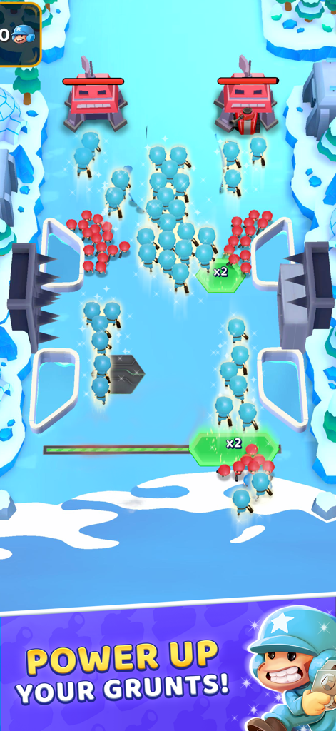 Grunt Rush: Battle & Conquer - Blue grunts moving through multiplier tiles in a snowy battlefield in Grunt Rush