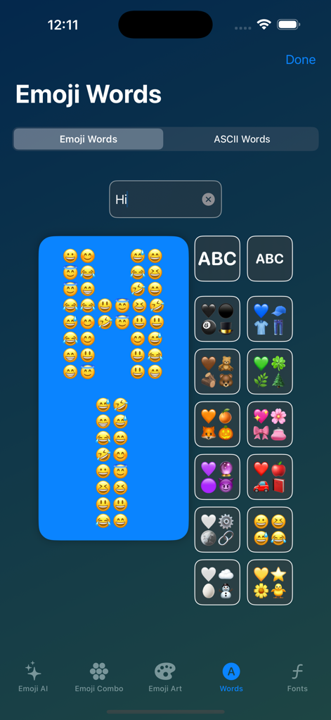 SMS Smileys: Emoji AI Stickers - SMS Smileys App-Oberfläche, die die Emoji Words-Funktion zeigt, bei der das Wort Hallo mit lachenden Emojis buchstabiert ist