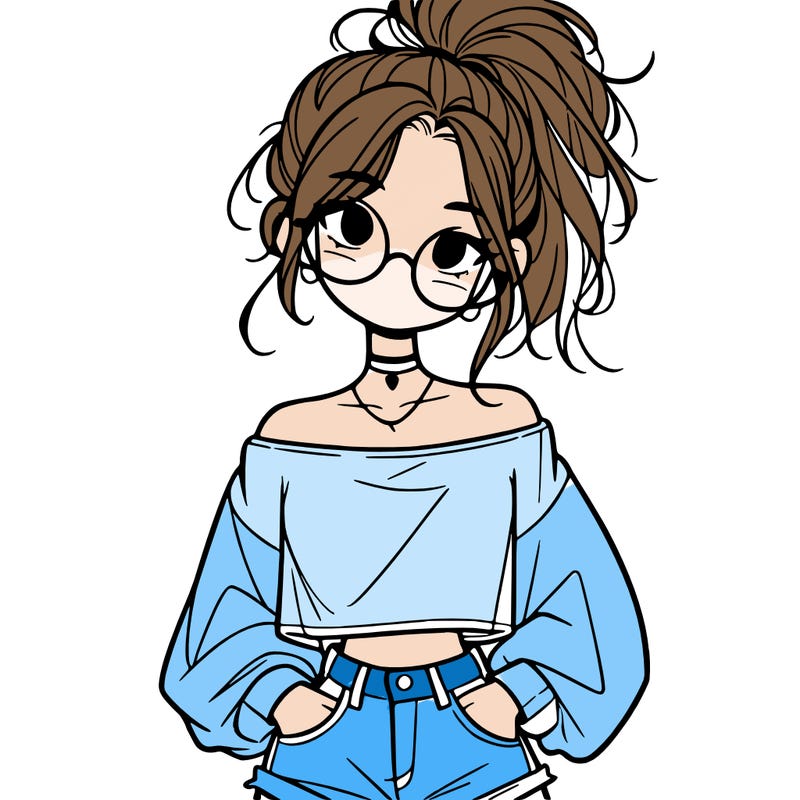 girl with a messy ponytail glasses a baggy crop top and jean shorts