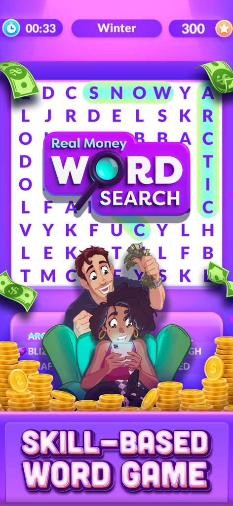 Jugabilidad de Real Money Word Search Skillz mostrando un rompecabezas de palabras de invierno e ilustraciones de ganadores con premios en efectivo