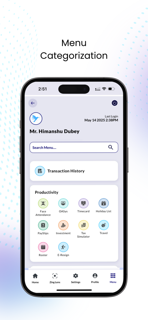 ZingHR mobile App Dashboard mit Menükategorisierung und verschiedenen Produktivitäts-Icons wie Gehaltsabrechnungen und Anwesenheit
