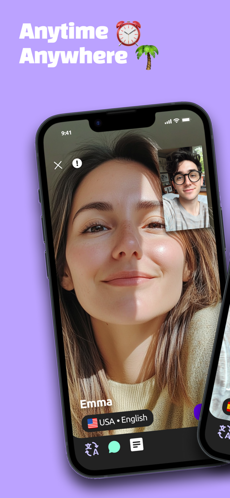 Interfaz de la aplicación de video chat Bermuda mostrando una videollamada en vivo uno a uno entre dos personas