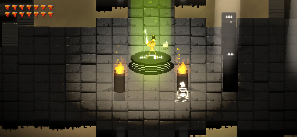 Pixel art character Roq holding a glowing nanosword on a circular platform inside a dungeon