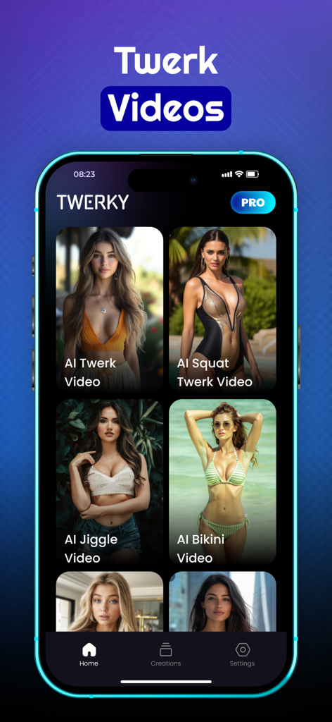 Twerk Video Generator: Twerky - Interface de l'application Twerky montrant les options vidéo IA pour les styles de danse twerk et jiggle