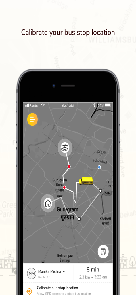 yellow.live - Real-time school bus tracking map on a smartphone screen showing route progress and estimated arrival time.
