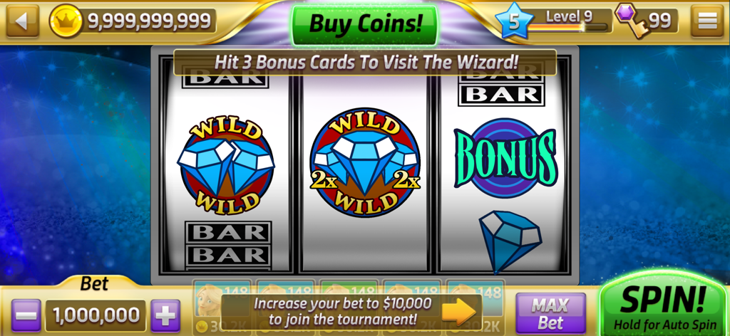 Classic Slots Casino - Juego de Classic Slots Casino que muestra tres rodillos con símbolos de comodín de diamante y una carta de bonificación