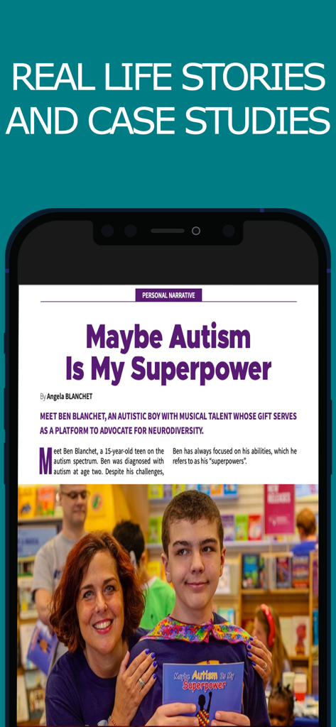 Autism Parenting Magazine - Autism Parenting Magazine app interface showing a real life story article titled Maybe Autism Is My Superpower