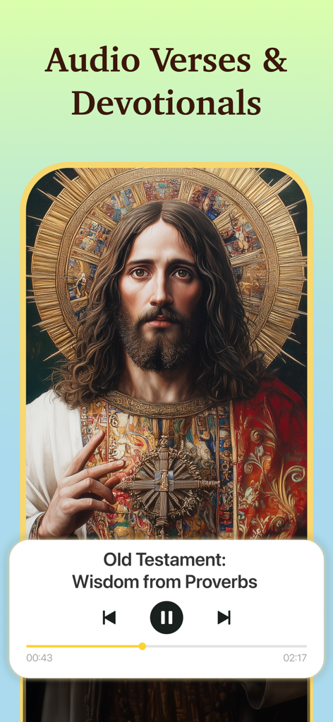 Bible Path: Prayers & Widgets - 背景にイエスの古典的な肖像画がある、箴言からの知恵を再生している聖書パスアプリのオーディオプレイヤーインターフェイス。