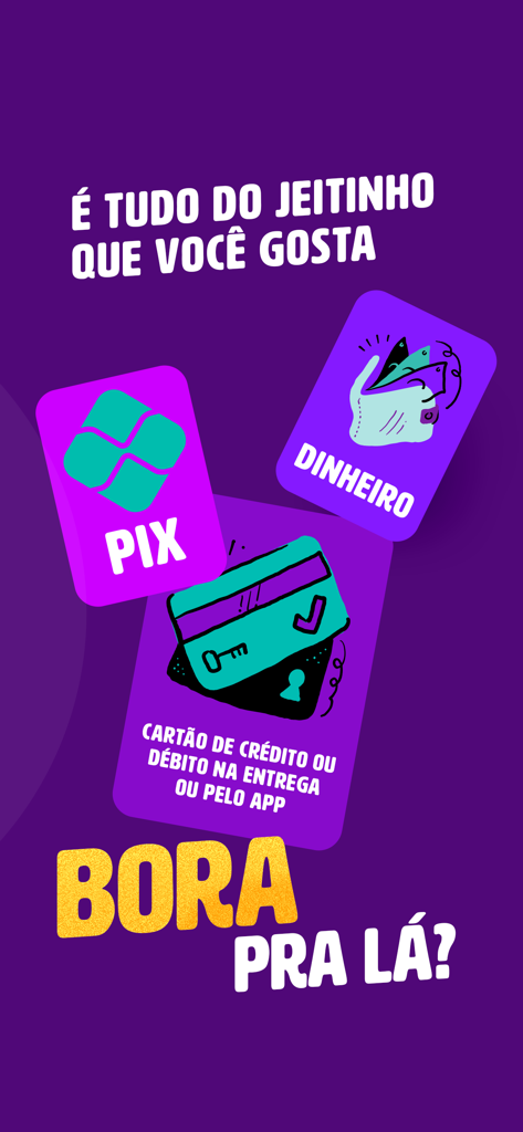 Gráfico mostrando opções de pagamento aiqfome, incluindo Pix, dinheiro e cartões de crédito ou débito em um fundo roxo.