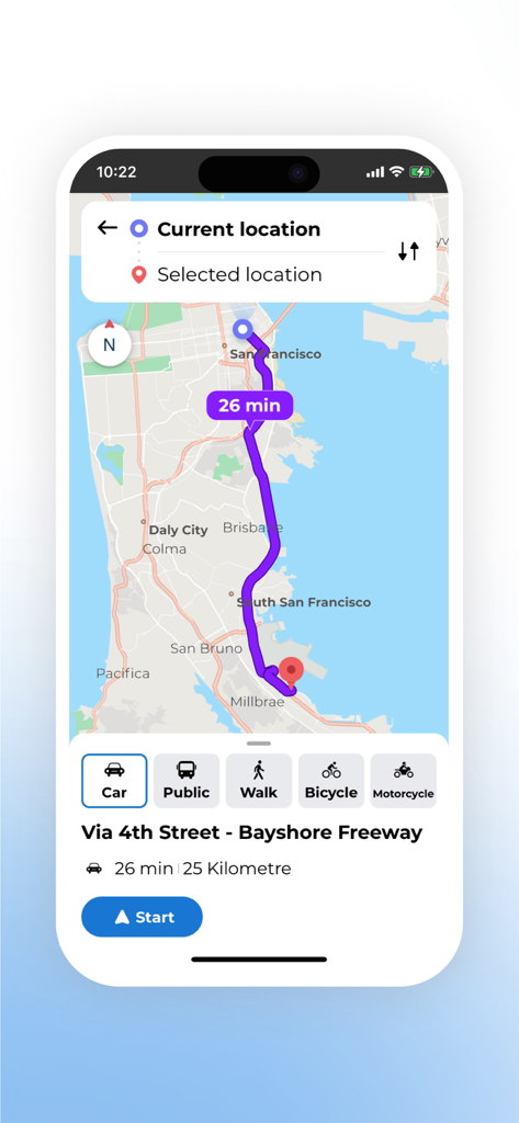 Neshan Map navigation interface showing a car route from San Francisco to Millbrae with multi-mode travel options