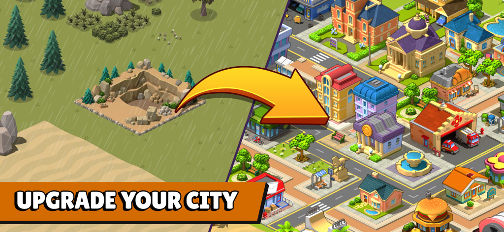 Una pantalla dividida que compara un sitio de construcción vacío con una ciudad colorida y desarrollada con varios edificios