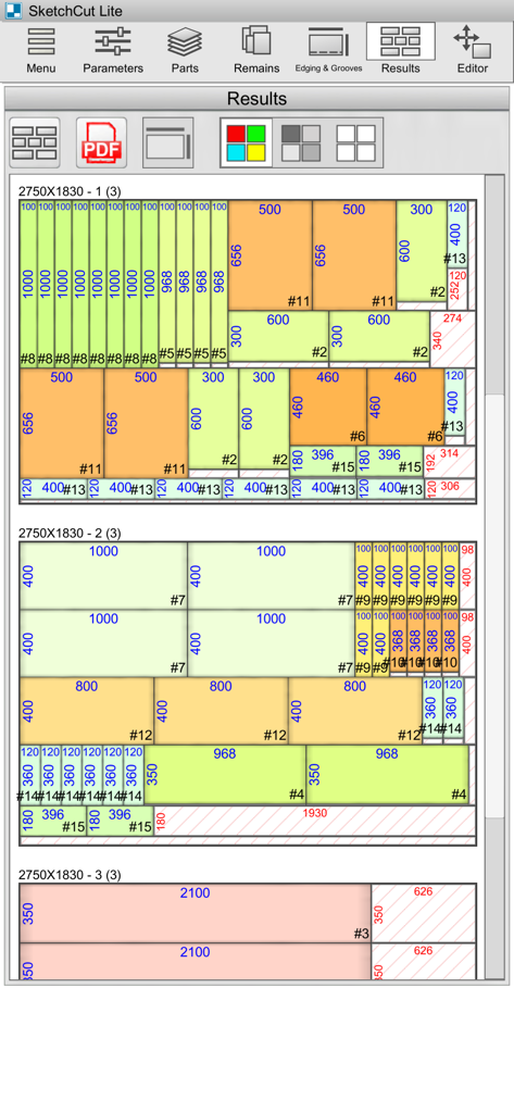 SketchCut Lite - Optimized cutting layout diagrams on sheet materials in SketchCut Lite app