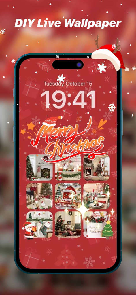 Live Wallpapers & Theme - NEXT - A red Christmas-themed iPhone lock screen with Merry Christmas text and a grid of festive holiday images.