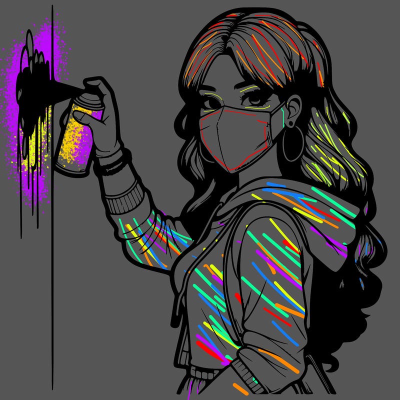 realistic girl with mask spray painting a wall