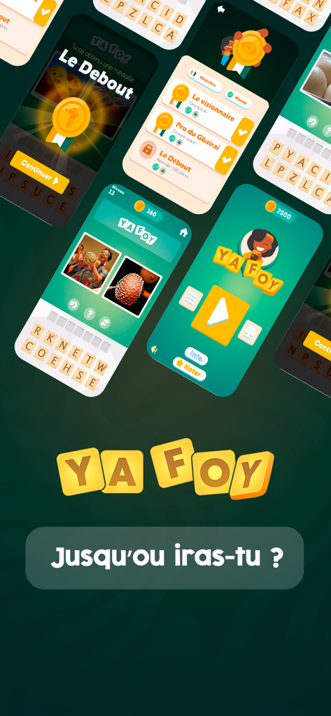 Un collage de capturas de pantalla del juego móvil YAFOY que muestran rompecabezas de palabras y medallas relacionadas con la cultura marfileña y mundial.