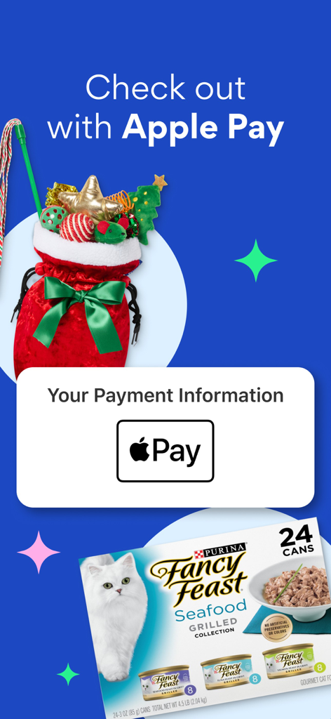 Chewy - Pet Care & Pharmacy - Schermata dell'app Chewy che promuove il pagamento rapido con Apple Pay per cibo e giocattoli per animali