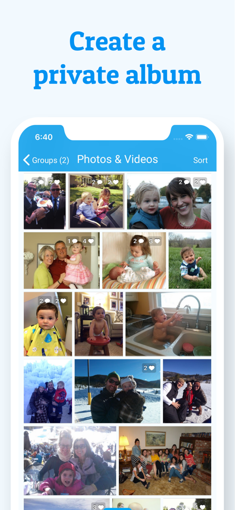 Cluster mobile app interface displaying a private family photo and video album grid