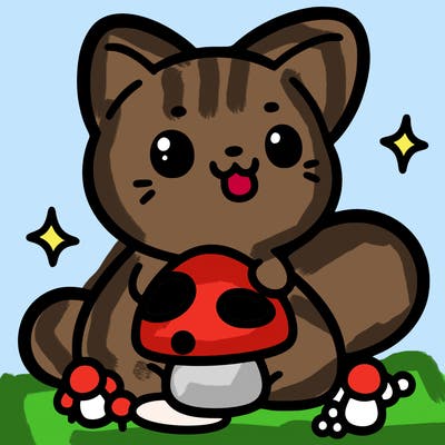 cute and simple cat with mushroom in mouth