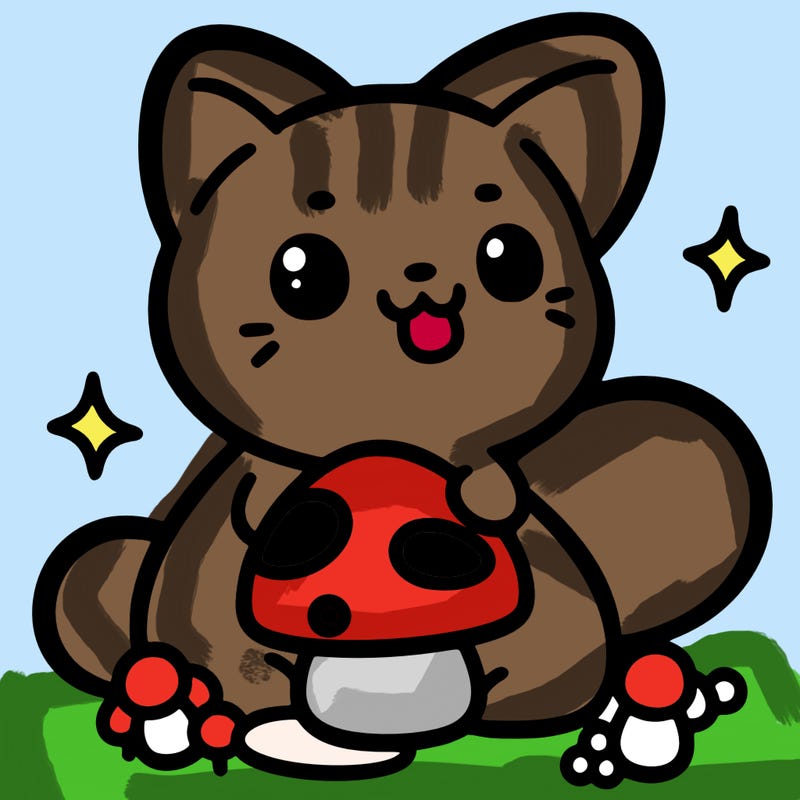 cute and simple cat with mushroom in mouth