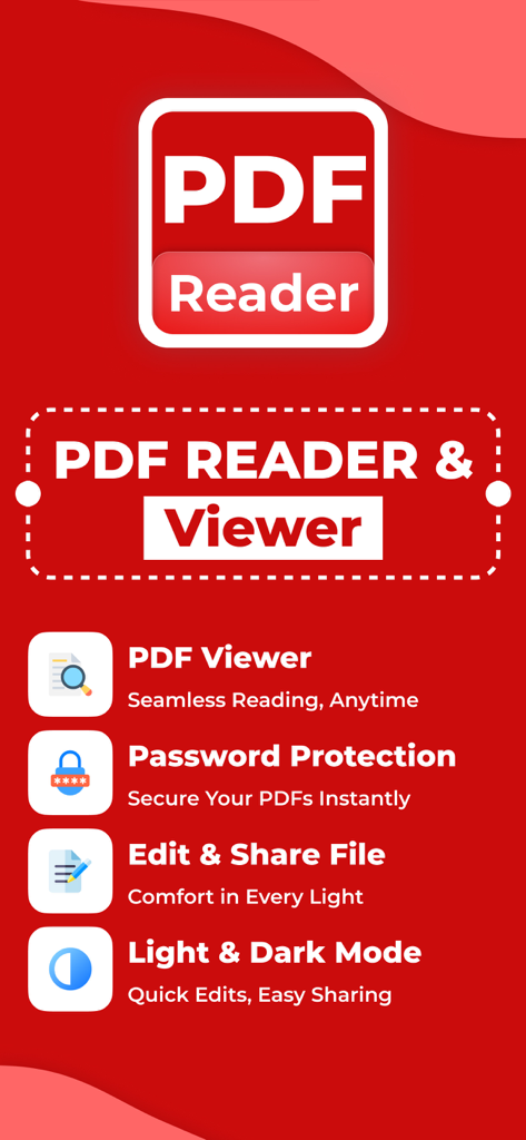 All PDF Reader - All PDF Readerアプリの機能リスト（PDFビューワーのパスワード保護やファイル編集オプションを含む）