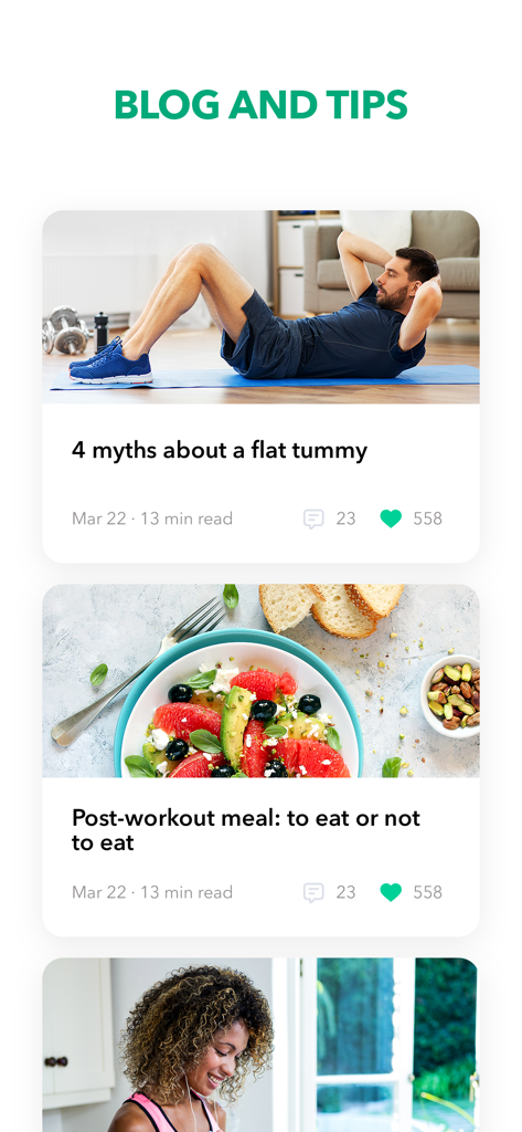 A blog section in the GetFit app featuring articles on fitness myths and healthy post-workout meals.