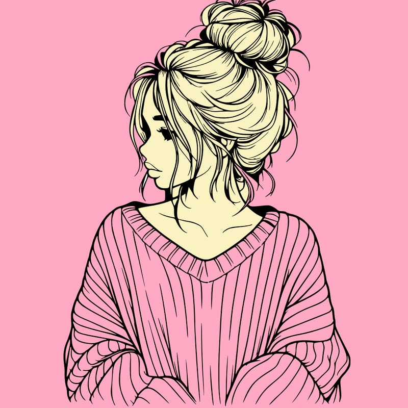 realistic girl wearing a messy bun and an oversized sweater