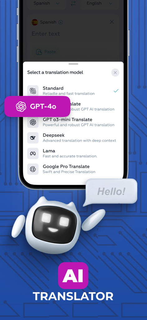 Una pantalla de smartphone mostrando una lista de modelos de traducción de IA, incluidos GPT-4o y Deepseek, dentro de la aplicación Voice Translator.