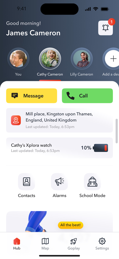 Panel de la aplicación Xplora mostrando la ubicación del niño y el estado de la batería del reloj