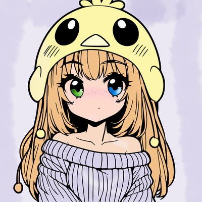 anime girl with chick shaped hat with sweater with bare shoulders with bangs covering them one eye with low tail