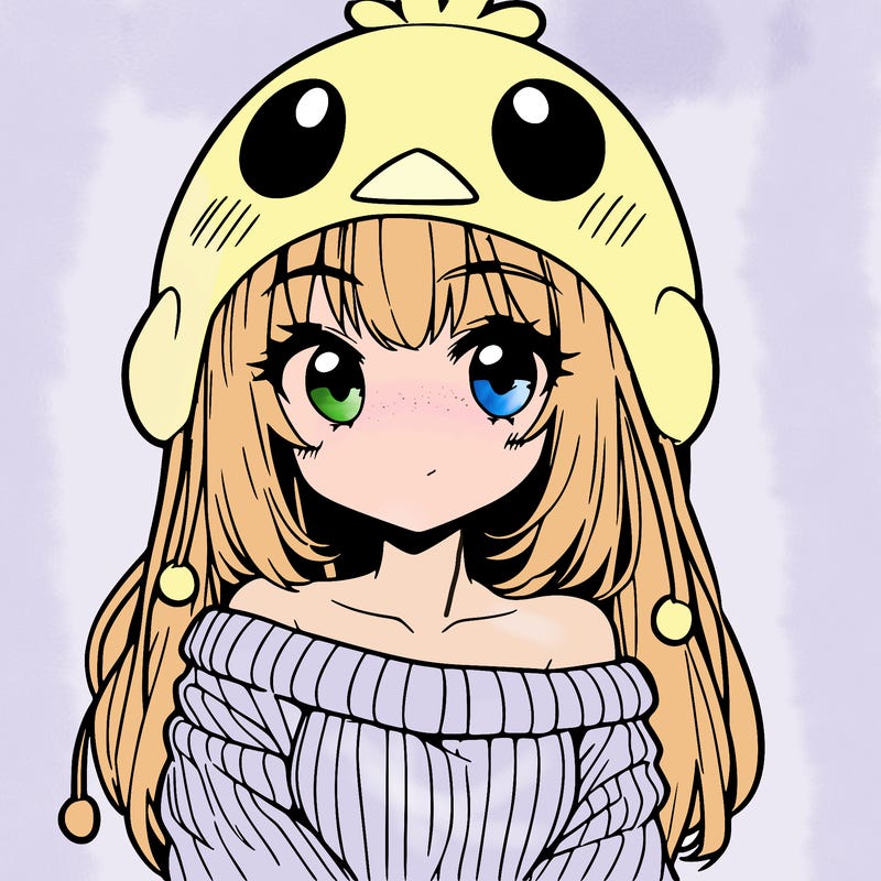 anime girl with chick shaped hat with sweater with bare shoulders with bangs covering them one eye with low tail