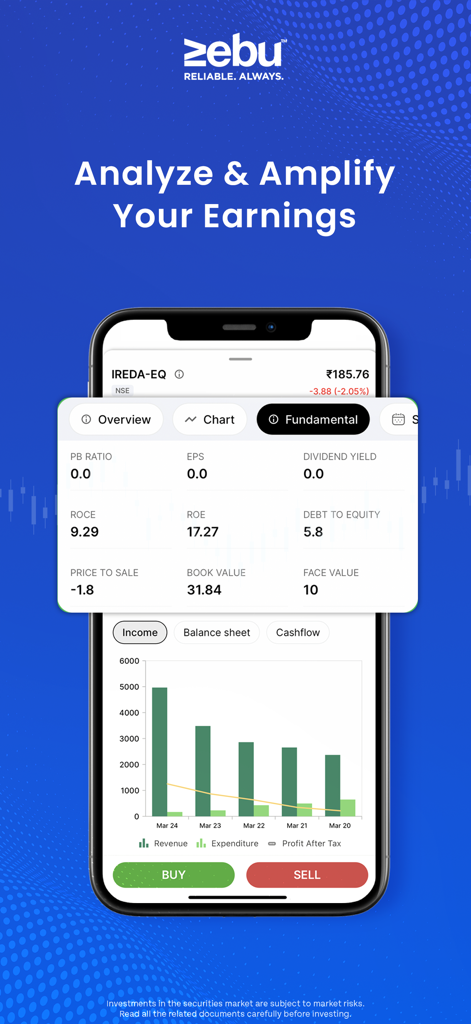 MYNT by Zebu - Invest & Trade - Interfaz de la aplicación MYNT by Zebu que muestra el análisis fundamental de acciones y gráficos de rendimiento financiero.
