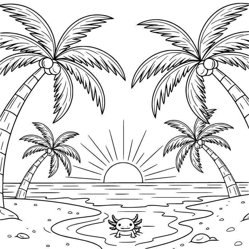 a beach with a sun set over the ocean and palm trees and a tiny axolochi in the water