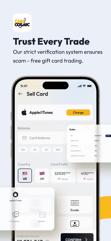 CardCosmic app interface for selling Apple and iTunes gift cards securely